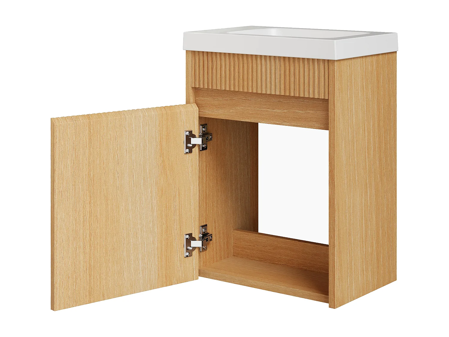 Meuble lave main suspendu strié en bois de frêne avec vasque en résine blanc mat - Naturel clair - 40 x 25.5 x 54 cm - DROVI