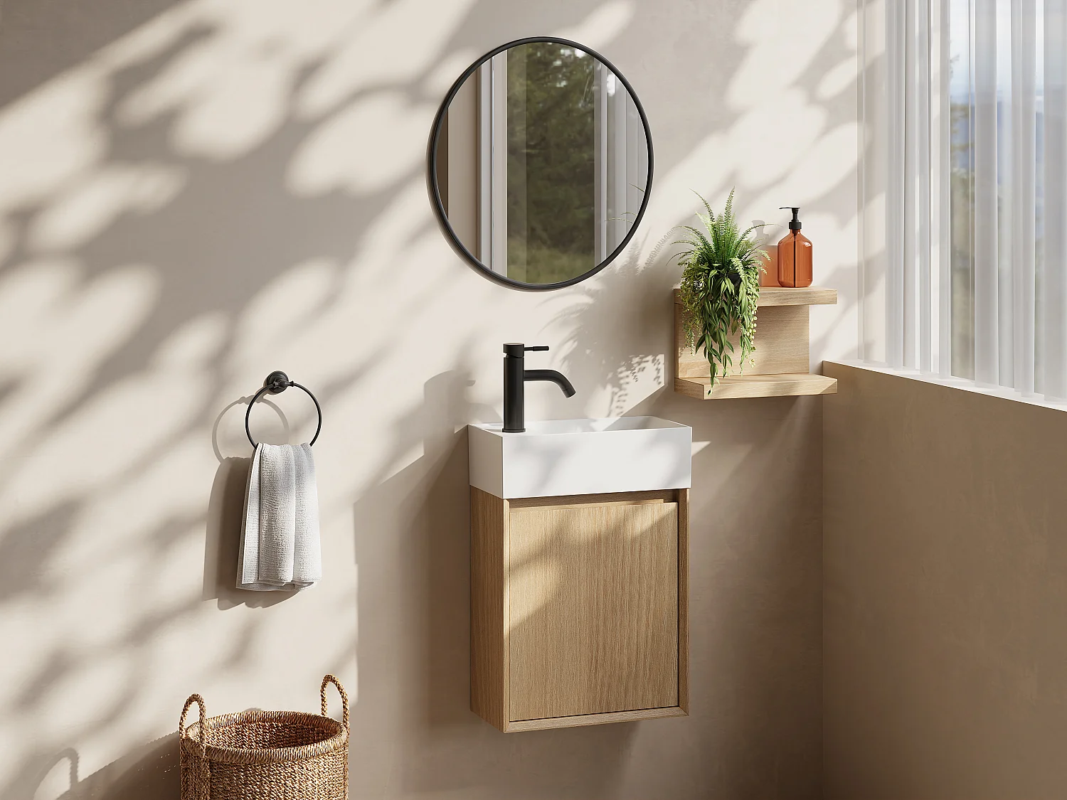 Meuble lave main suspendu avec vasque en résine blanc mat - Naturel clair - 40 x 25.5 x 57 cm - SOREL