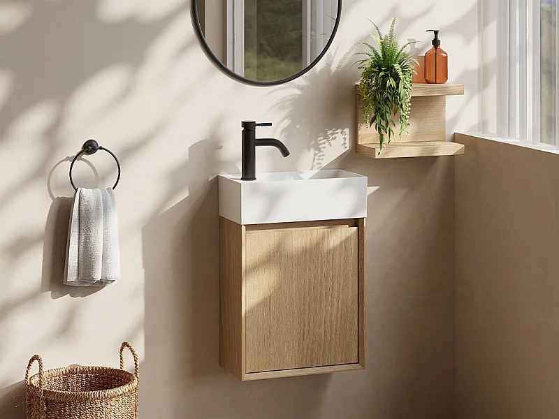 Meuble lave main suspendu avec vasque en résine blanc mat - Naturel clair - 40 x 25.5 x 57 cm - SOREL