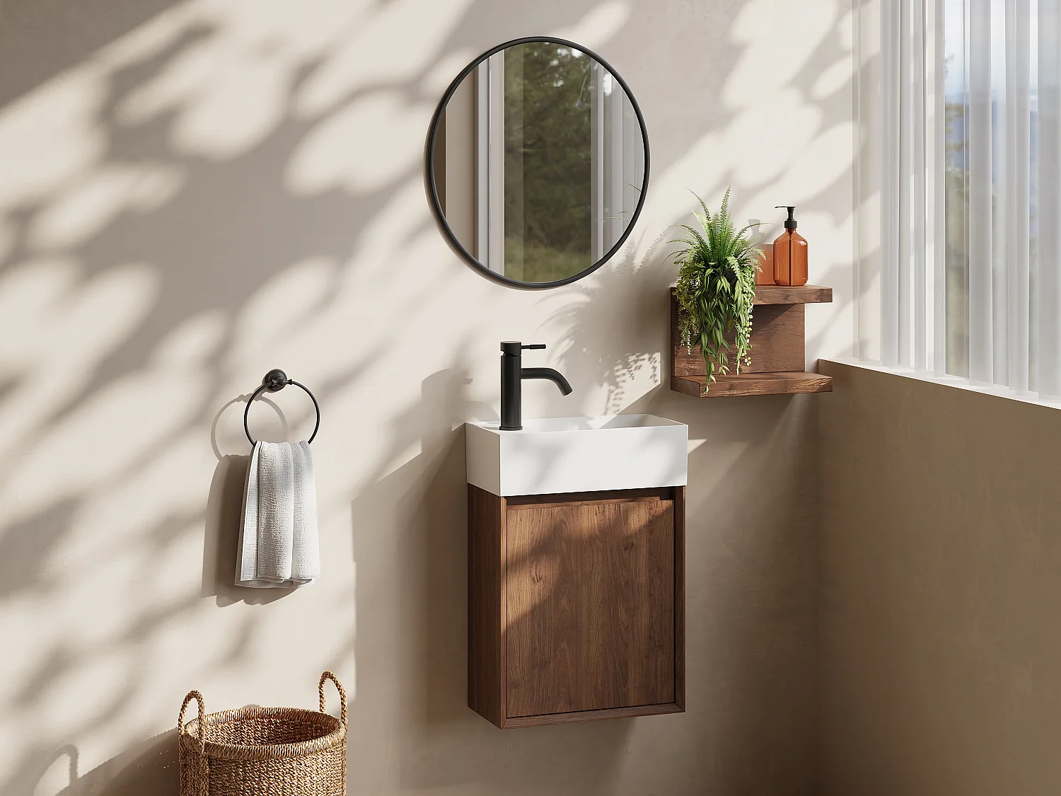 Meuble lave main suspendu avec vasque en résine blanc mat - Naturel foncé - 40 x 25.5 x 57 cm - SOREL