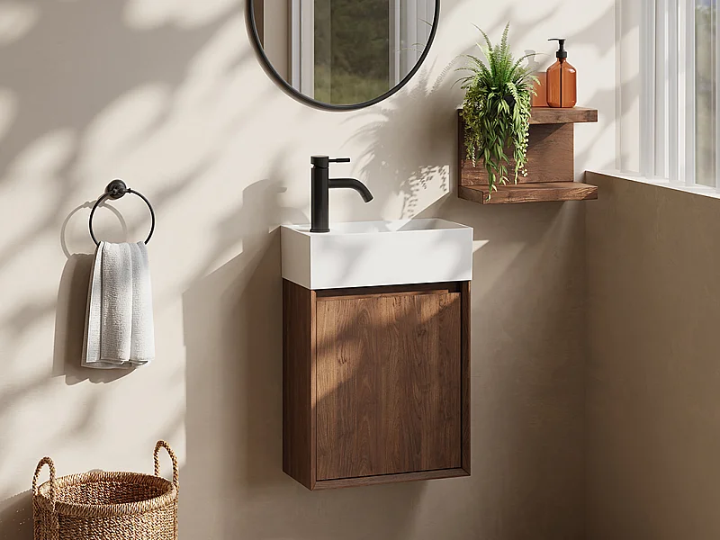 Meuble lave main suspendu avec vasque en résine blanc mat - Naturel foncé - 40 x 25.5 x 57 cm - SOREL