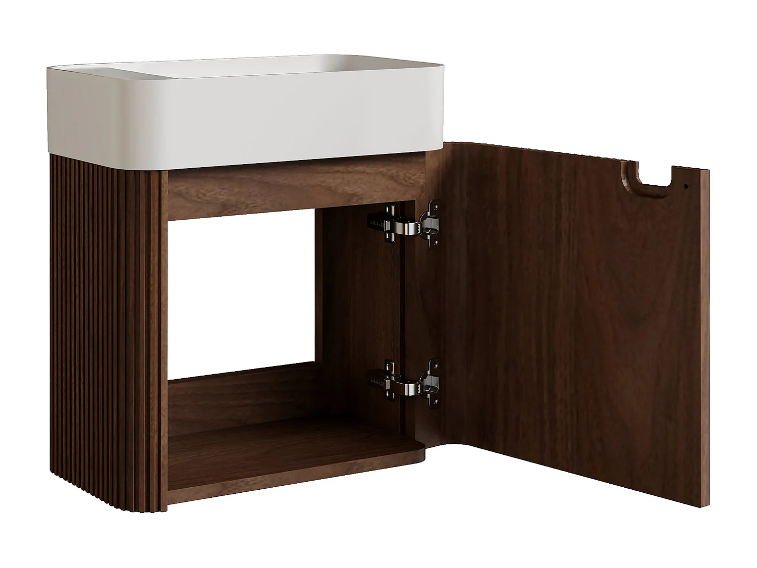 Meuble lave main suspendu strié en bois de frêne avec vasque en résine blanc mat - Naturel foncé - 45 x 25 x 48 cm - JONSA