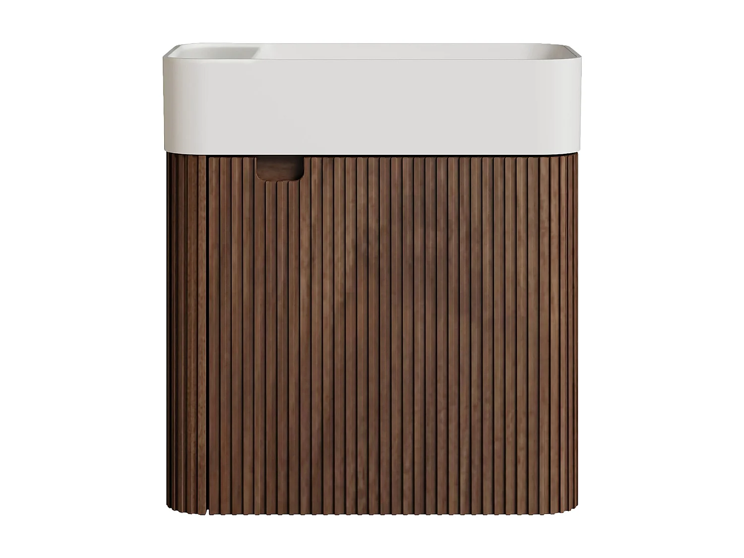 Meuble lave main suspendu strié en bois de frêne avec vasque en résine blanc mat - Naturel foncé - 45 x 25 x 48 cm - JONSA