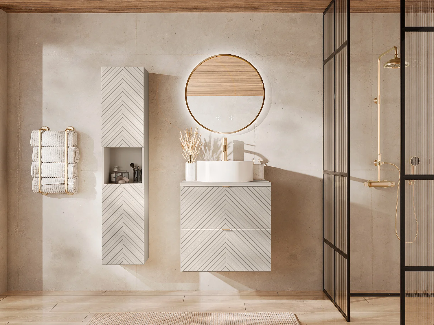 Colonne de salle de bain en chevrons avec niche - Coloris beige - H140 cm - DORIONI