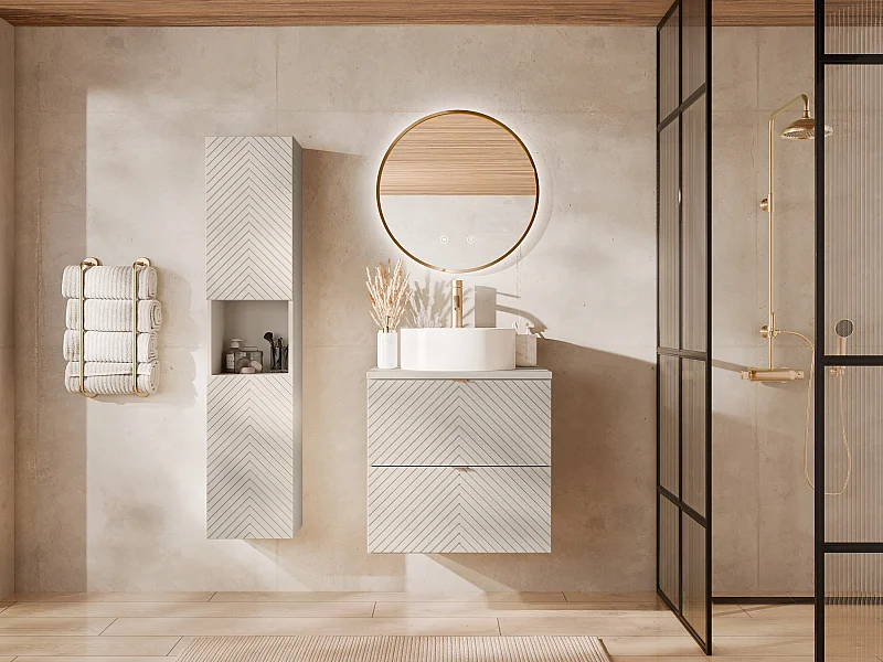 Colonne de salle de bain en chevrons avec niche - Coloris beige - H140 cm - DORIONI