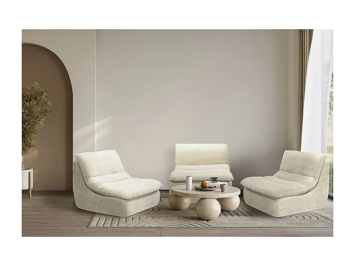 Chaise longue "Candela" em tecido texturado - 81 x 96 x 75 cm - Bege