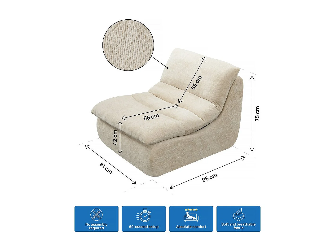 Chaise longue "Candela" em tecido texturado - 81 x 96 x 75 cm - Bege