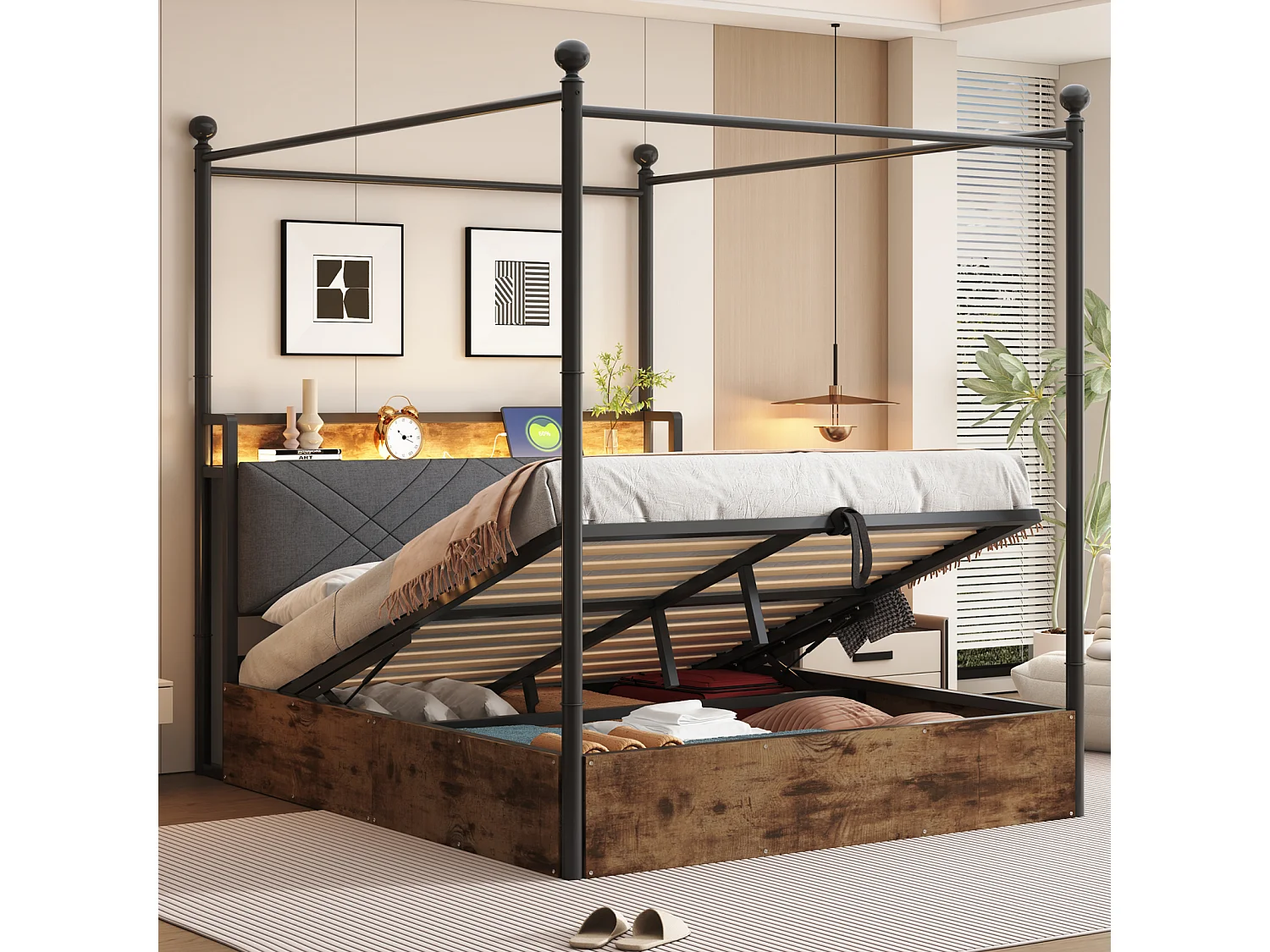 Lit double 140x190 cm en fer forgé noir avec coffre hydraulique, baldaquin, poteaux amovibles, LED et ports USB, adulte/adolescent