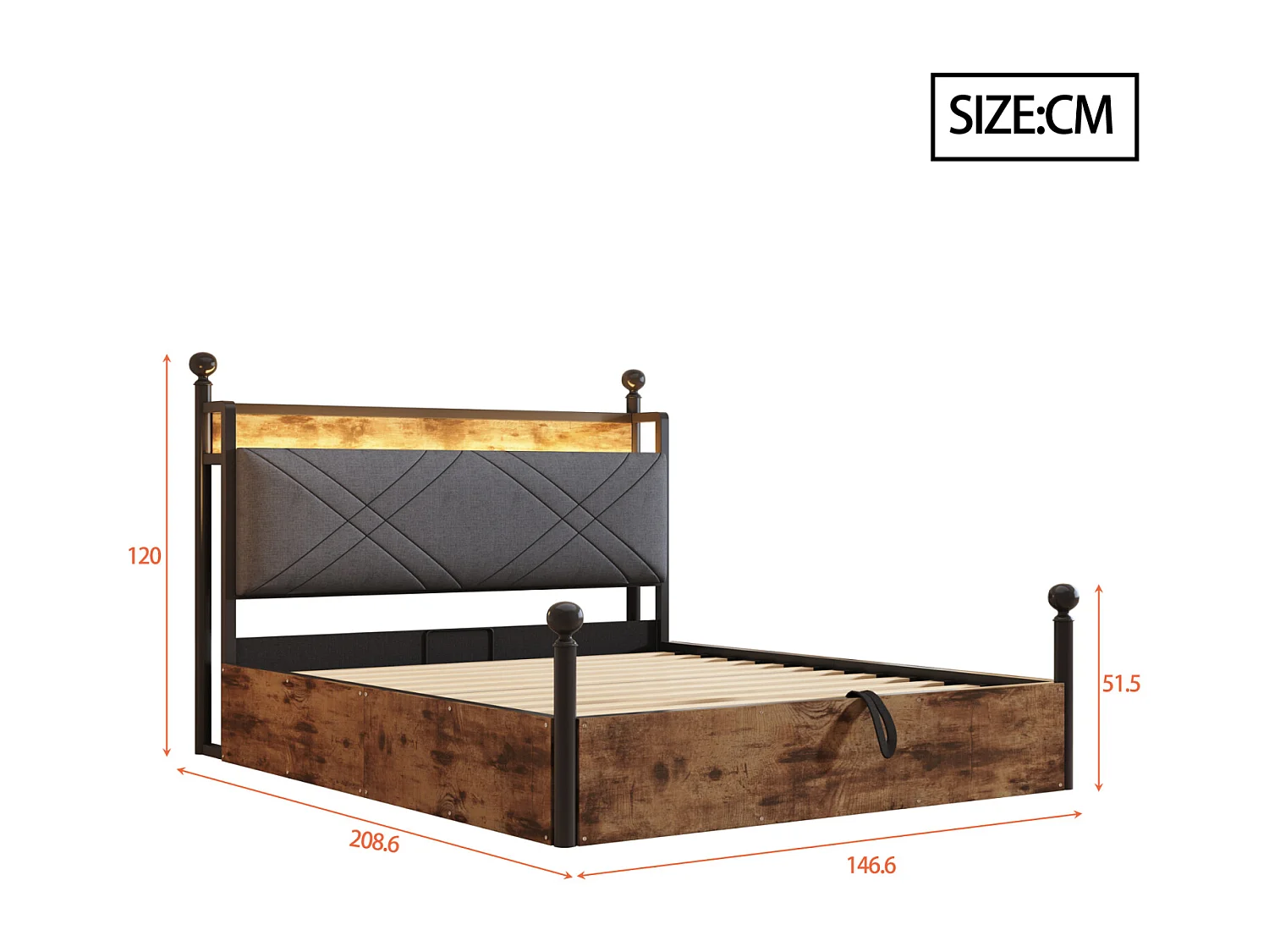 Lit double 140x190 cm en fer forgé noir avec coffre hydraulique, baldaquin, poteaux amovibles, LED et ports USB, adulte/adolescent