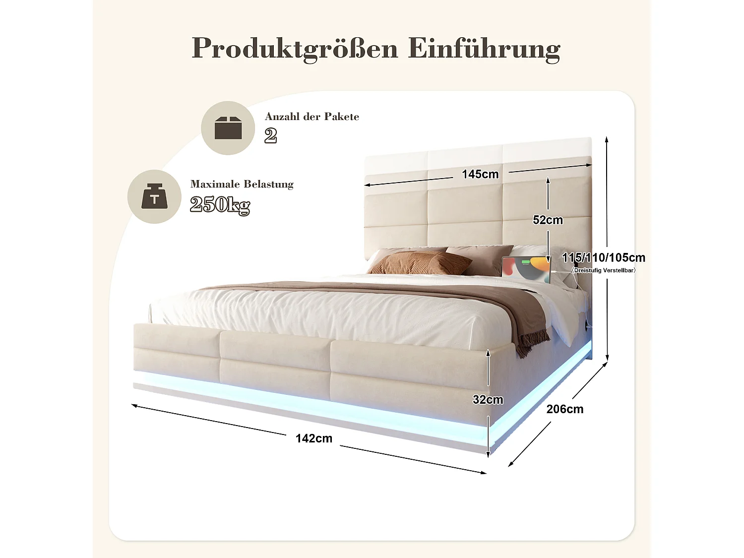 Cama de 140x200 cm en terciopelo beige, cabecero ajustable, iluminación LED, puertos USB/Tipo C y amplio compartimento de almacenamiento hidráulico