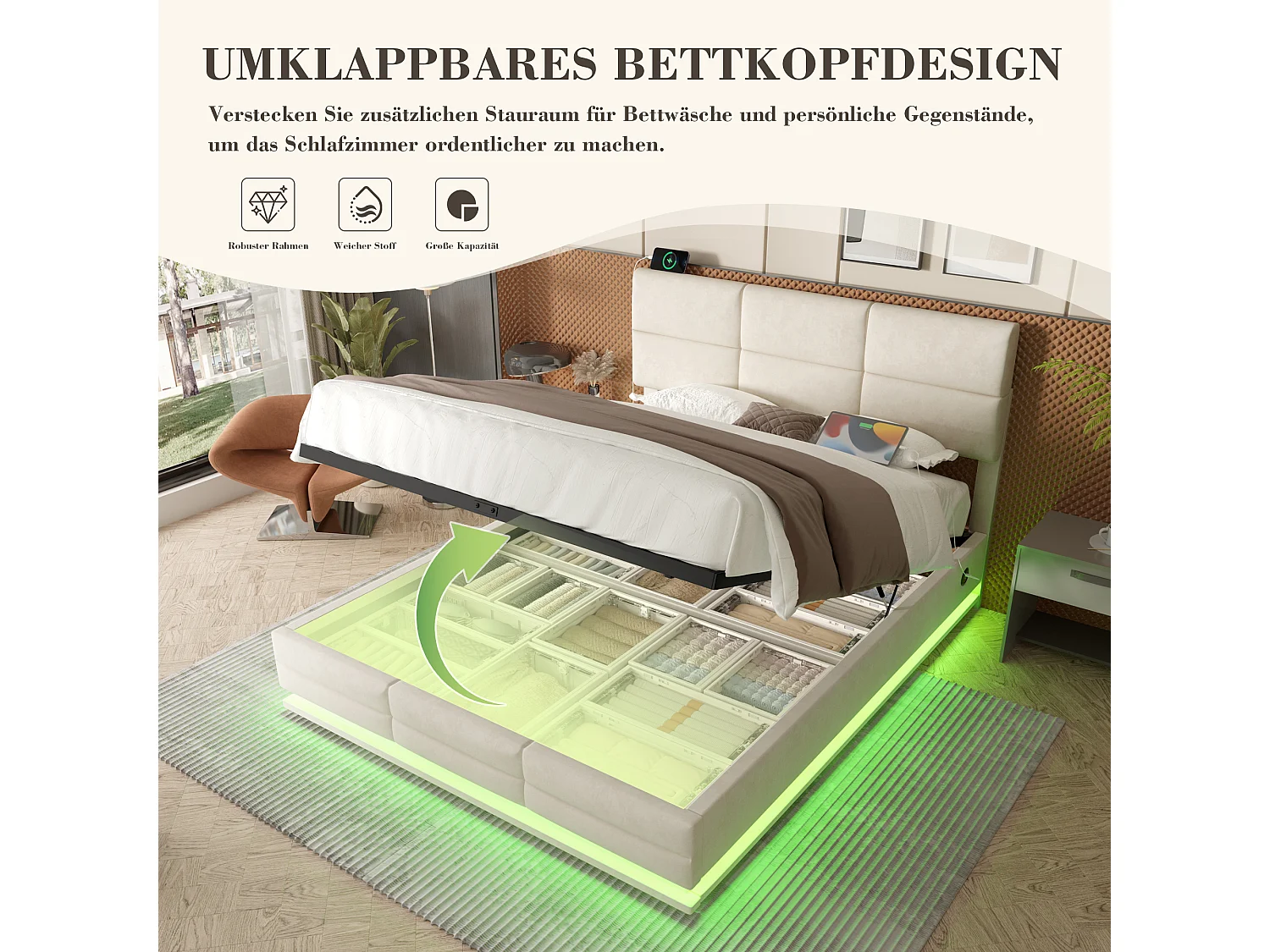 Cama de 140x200 cm en terciopelo beige, cabecero ajustable, iluminación LED, puertos USB/Tipo C y amplio compartimento de almacenamiento hidráulico