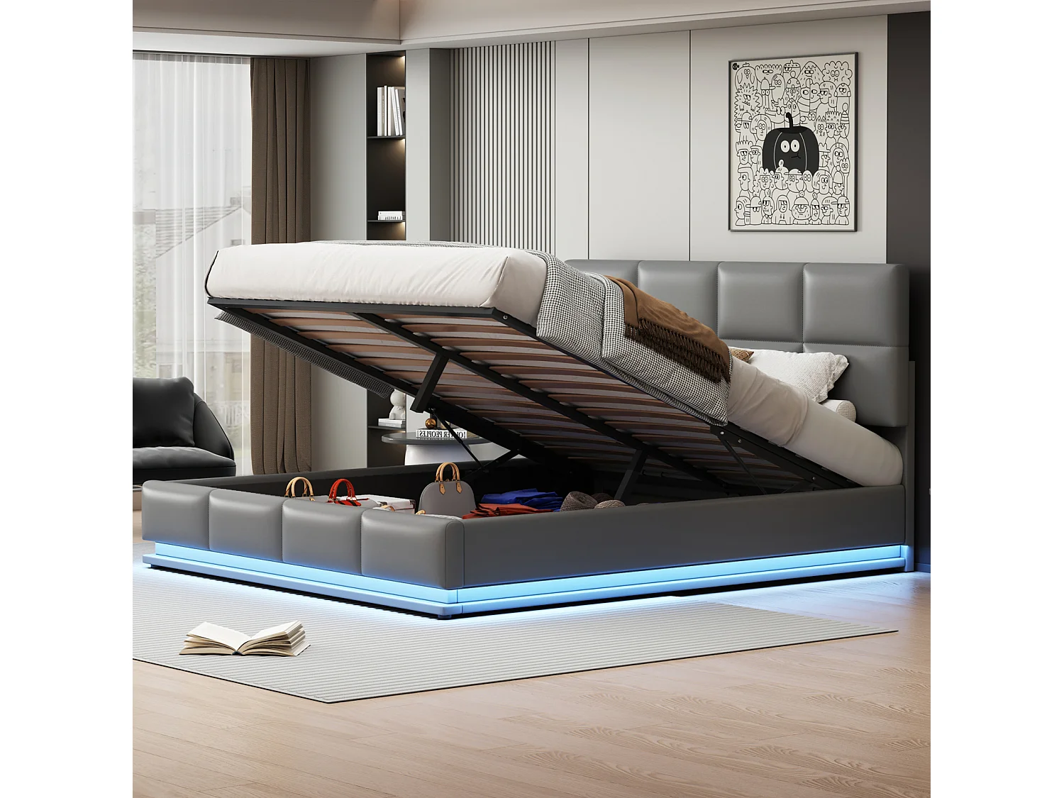 Tweepersoonsbed 180x200cm in lichtgrijs imitatieleer met ledverlichting en hydraulisch opbergvak, inclusief lattenbodem