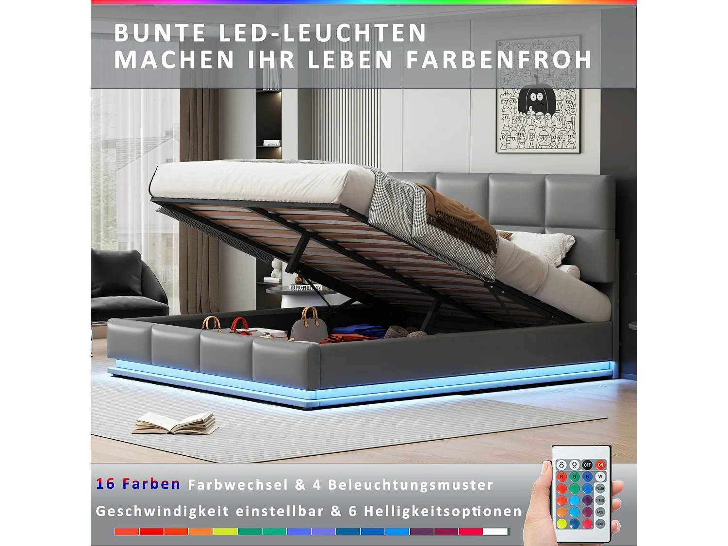 Tweepersoonsbed 180x200cm in lichtgrijs imitatieleer met ledverlichting en hydraulisch opbergvak, inclusief lattenbodem