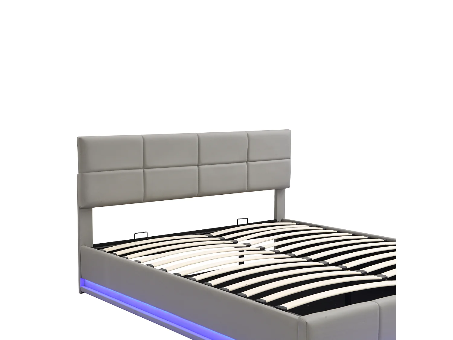 Tweepersoonsbed 180x200cm in lichtgrijs imitatieleer met ledverlichting en hydraulisch opbergvak, inclusief lattenbodem