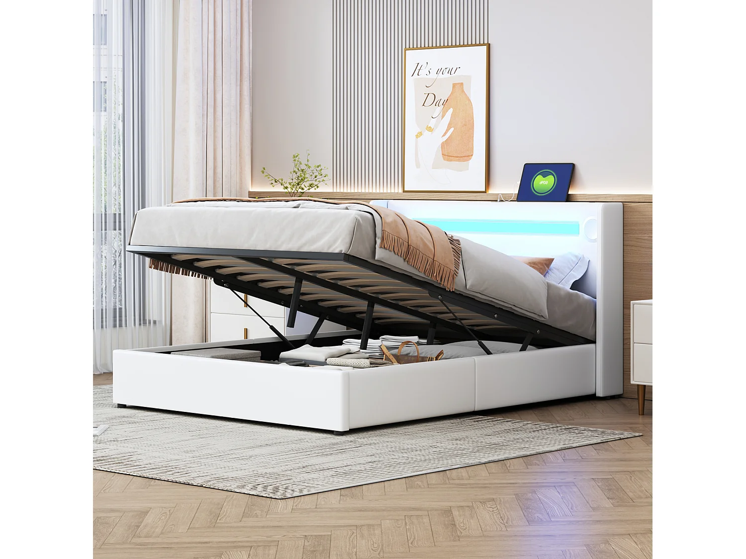 Lit double 140x200 cm en PU blanc avec LED, lecteur Bluetooth, port USB, coffre de rangement et sommier à lattes intégré