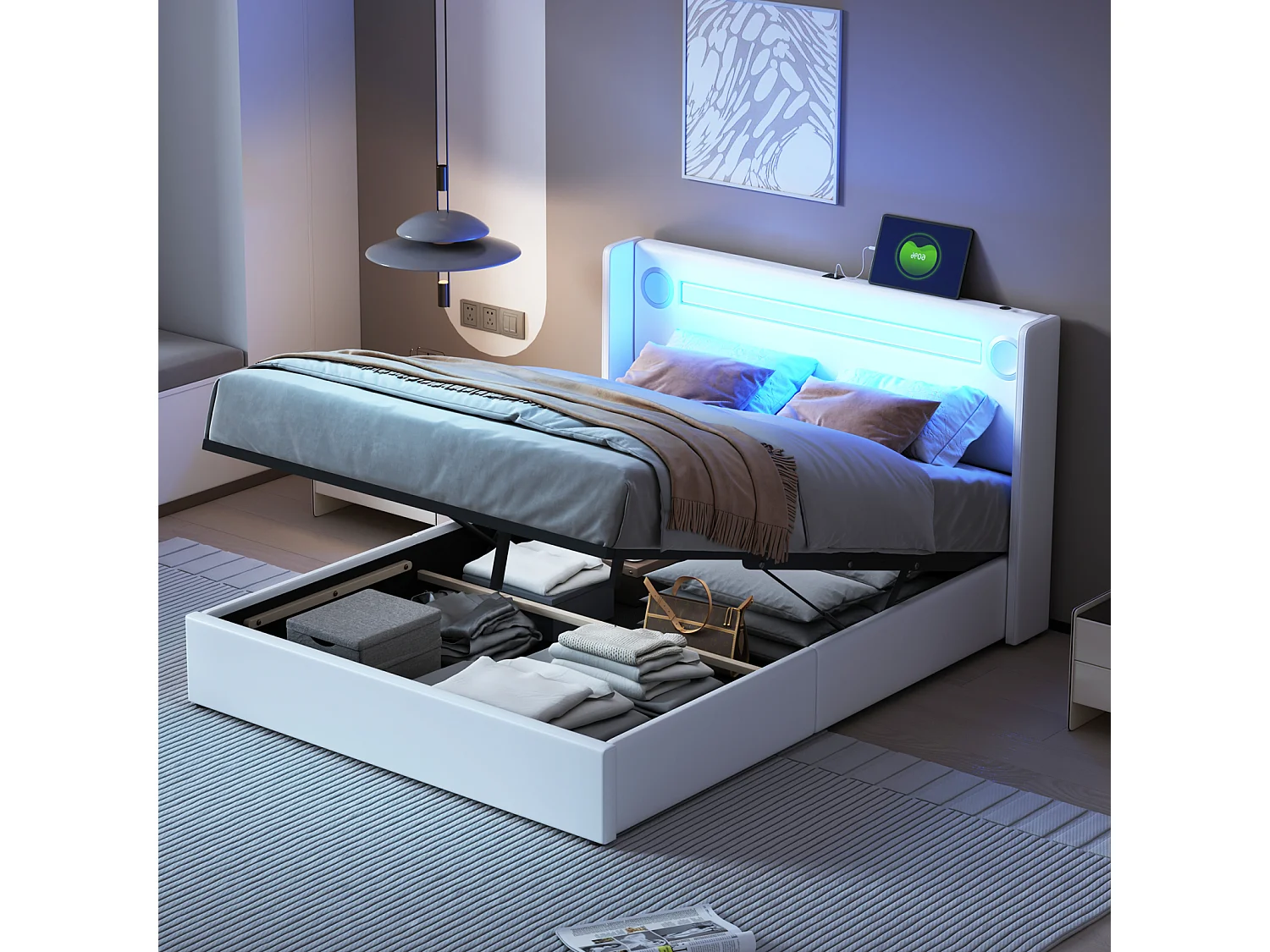 Lit double 140x200 cm en PU blanc avec LED, lecteur Bluetooth, port USB, coffre de rangement et sommier à lattes intégré