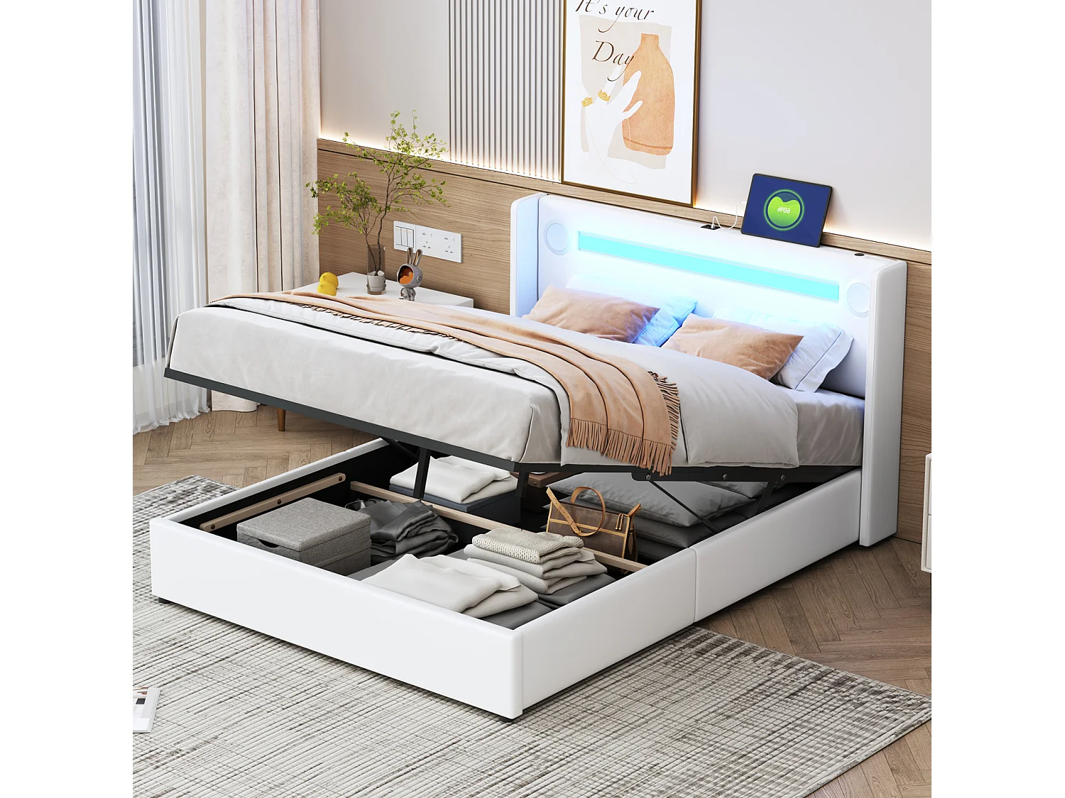 Lit double 140x200 cm en PU blanc avec LED, lecteur Bluetooth, port USB, coffre de rangement et sommier à lattes intégré