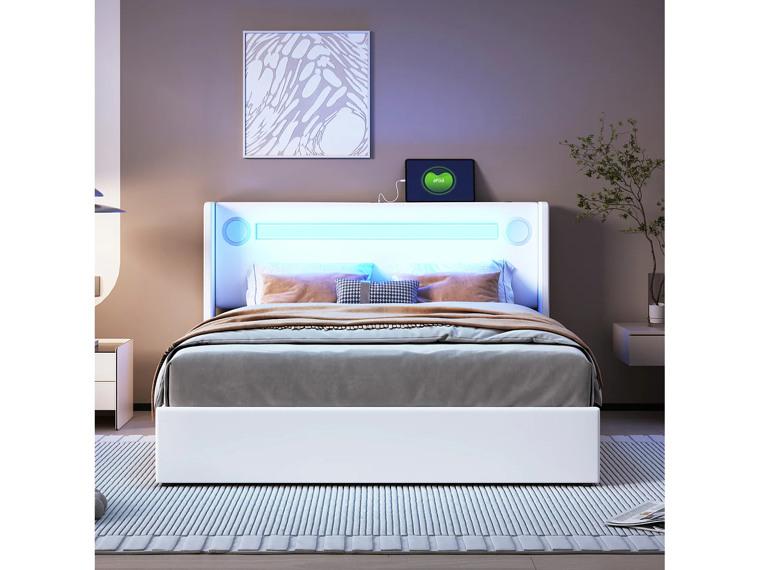 Lit double 140x200 cm en PU blanc avec LED, lecteur Bluetooth, port USB, coffre de rangement et sommier à lattes intégré