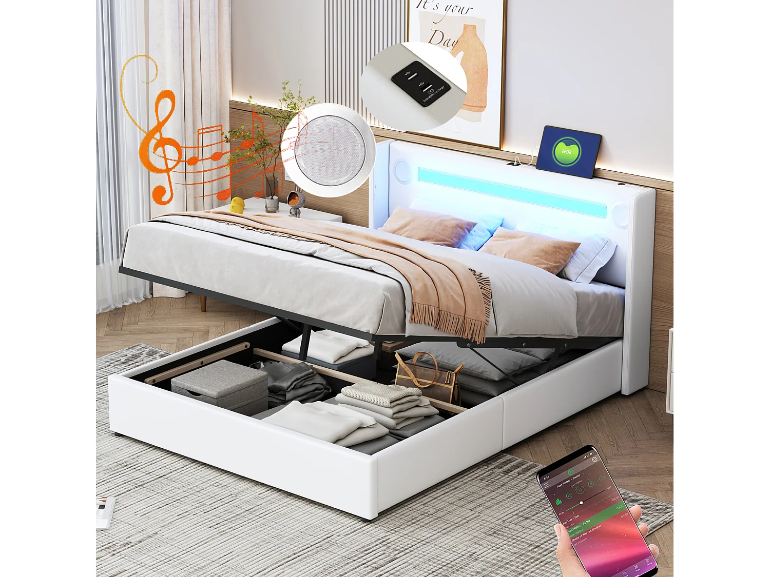 Lit double 140x200 cm en PU blanc avec LED, lecteur Bluetooth, port USB, coffre de rangement et sommier à lattes intégré