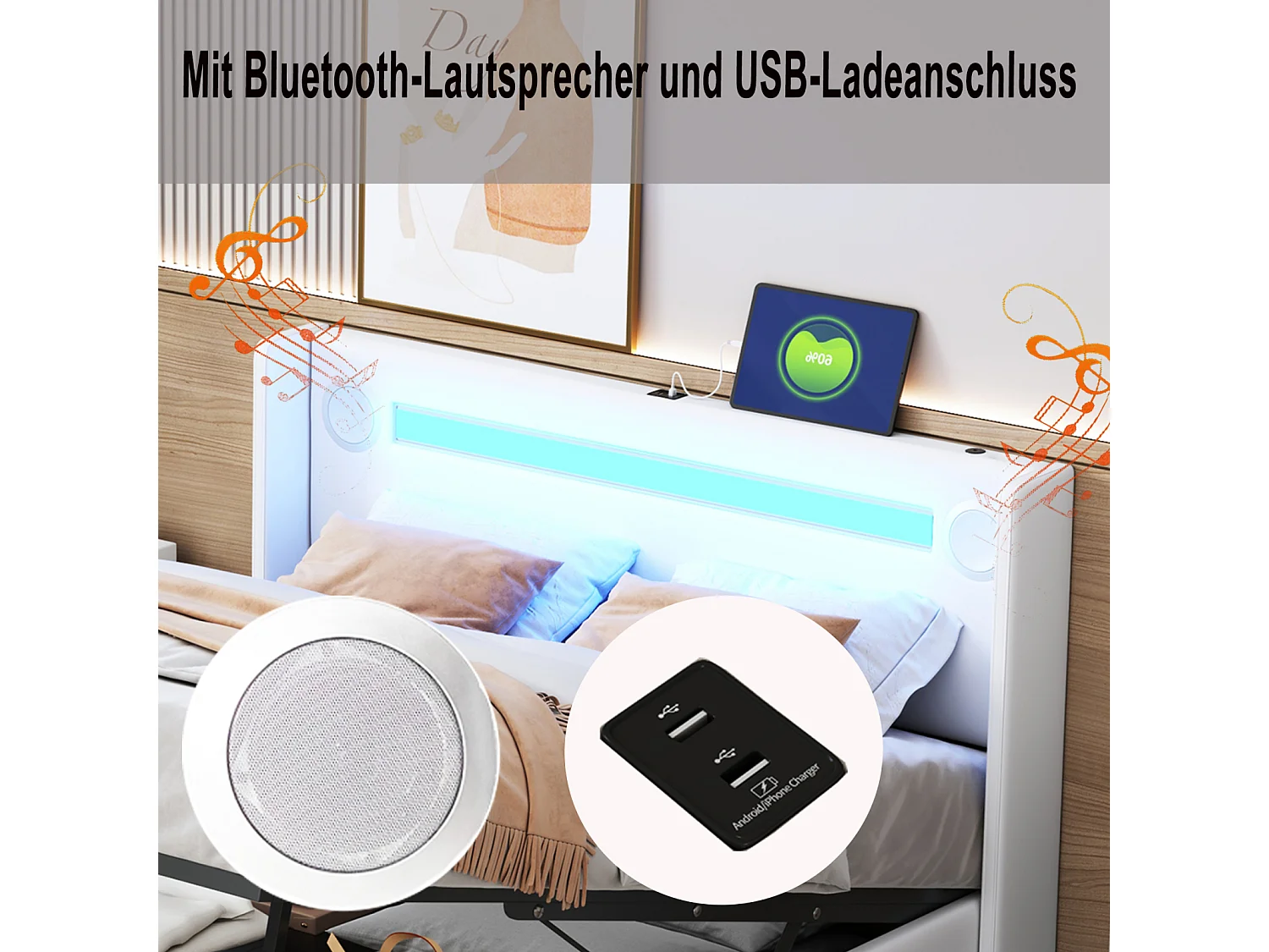 Lit double 140x200 cm en PU blanc avec LED, lecteur Bluetooth, port USB, coffre de rangement et sommier à lattes intégré