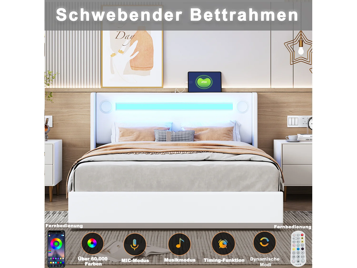 Lit double 140x200 cm en PU blanc avec LED, lecteur Bluetooth, port USB, coffre de rangement et sommier à lattes intégré