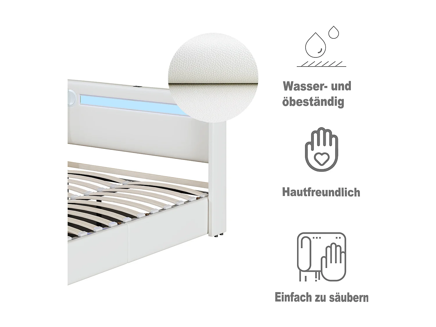 Lit double 140x200 cm en PU blanc avec LED, lecteur Bluetooth, port USB, coffre de rangement et sommier à lattes intégré