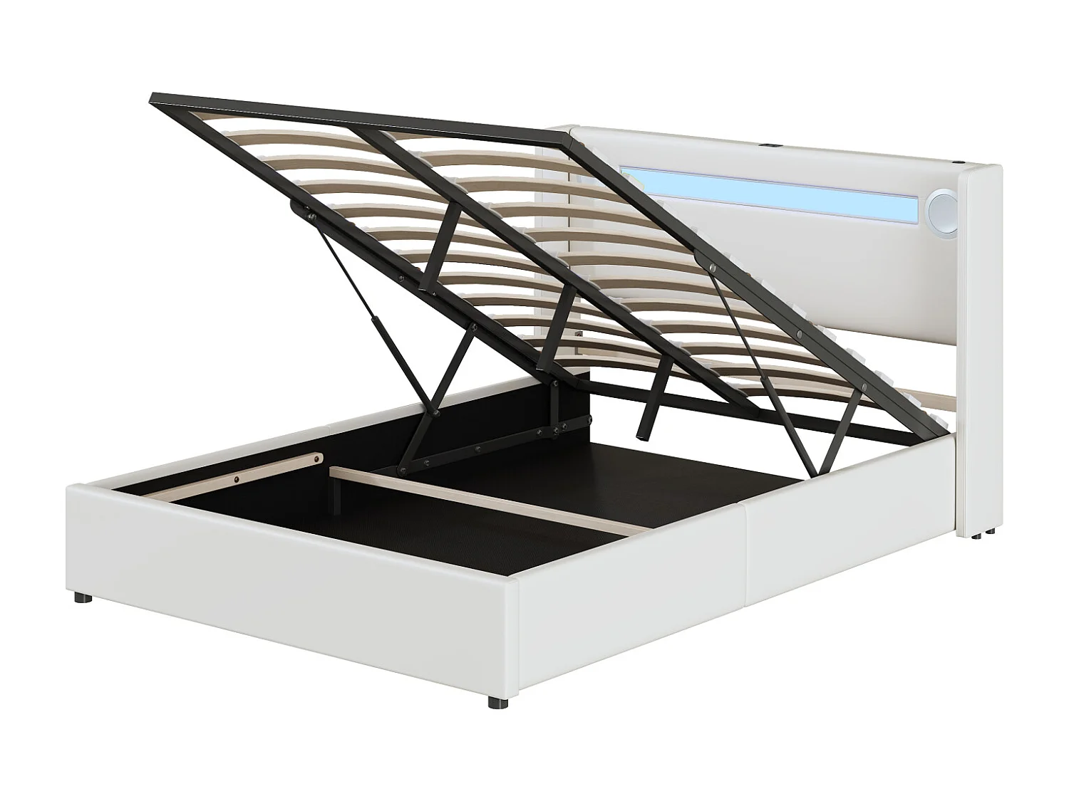 Lit double 140x200 cm en PU blanc avec LED, lecteur Bluetooth, port USB, coffre de rangement et sommier à lattes intégré
