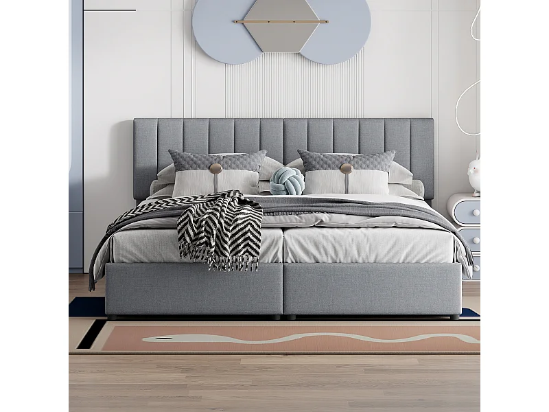 Letto matrimoniale 180x200 cm in lino grigio con vano contenitore idraulico, letto multifunzionale - design pratico e moderno