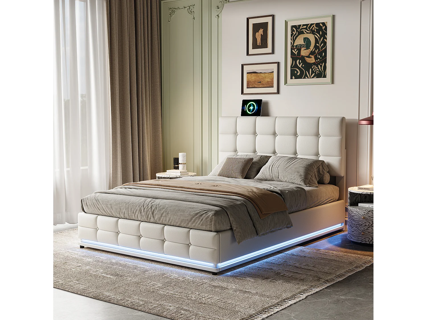 Cama tapizada de 140x200 cm con iluminación LED y compartimento de almacenaje con apertura hidráulica, somier de láminas, cama doble, blanca