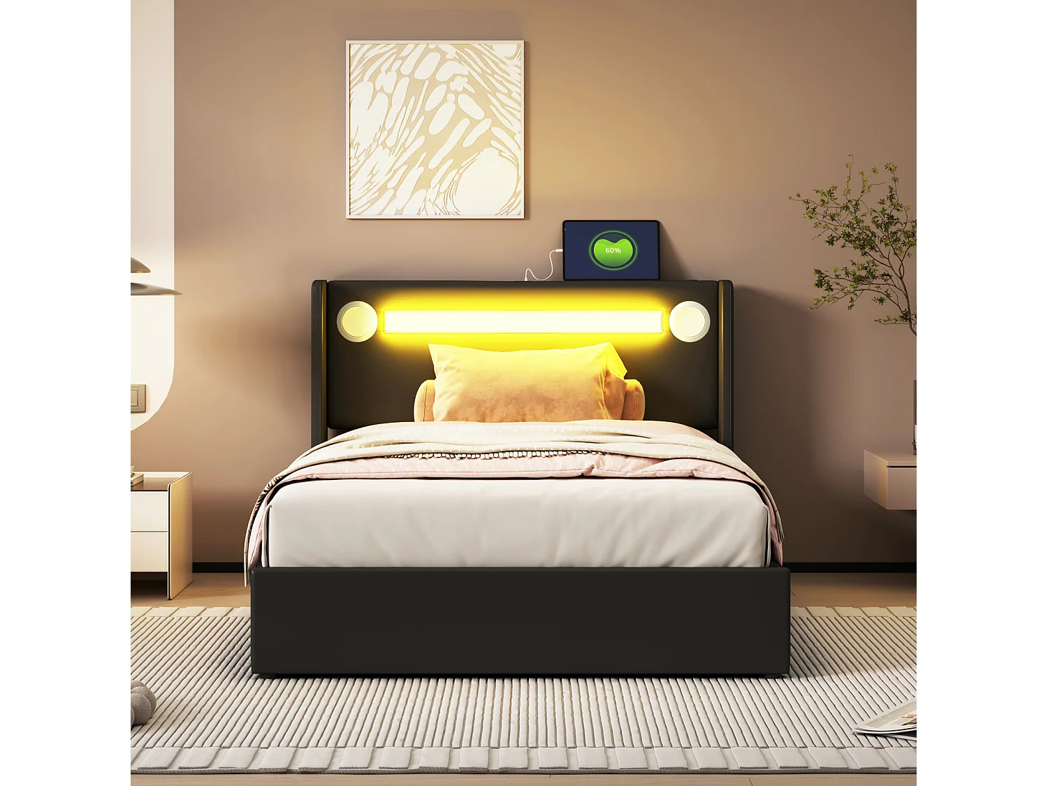Letto per bambini 90x200 cm in similpelle, con LED, Bluetooth, USB e vano portaoggetti superiore – con rete a doghe, ideale per camerette di adolescenti