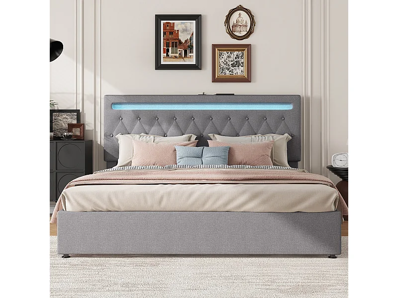 Grijs gestoffeerd tweepersoonsbed 180x200 cm met hydraulisch opbergvak, veelkleurige led's, afstandsbediening en USB-aansluiting – een modern en praktisch bed