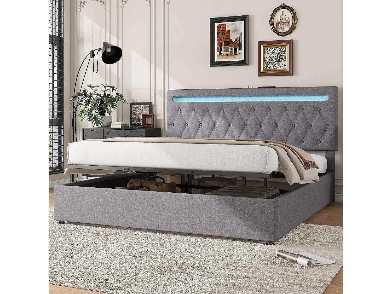 Grijs gestoffeerd tweepersoonsbed 180x200 cm met hydraulisch opbergvak, veelkleurige led's, afstandsbediening en USB-aansluiting – een modern en praktisch bed