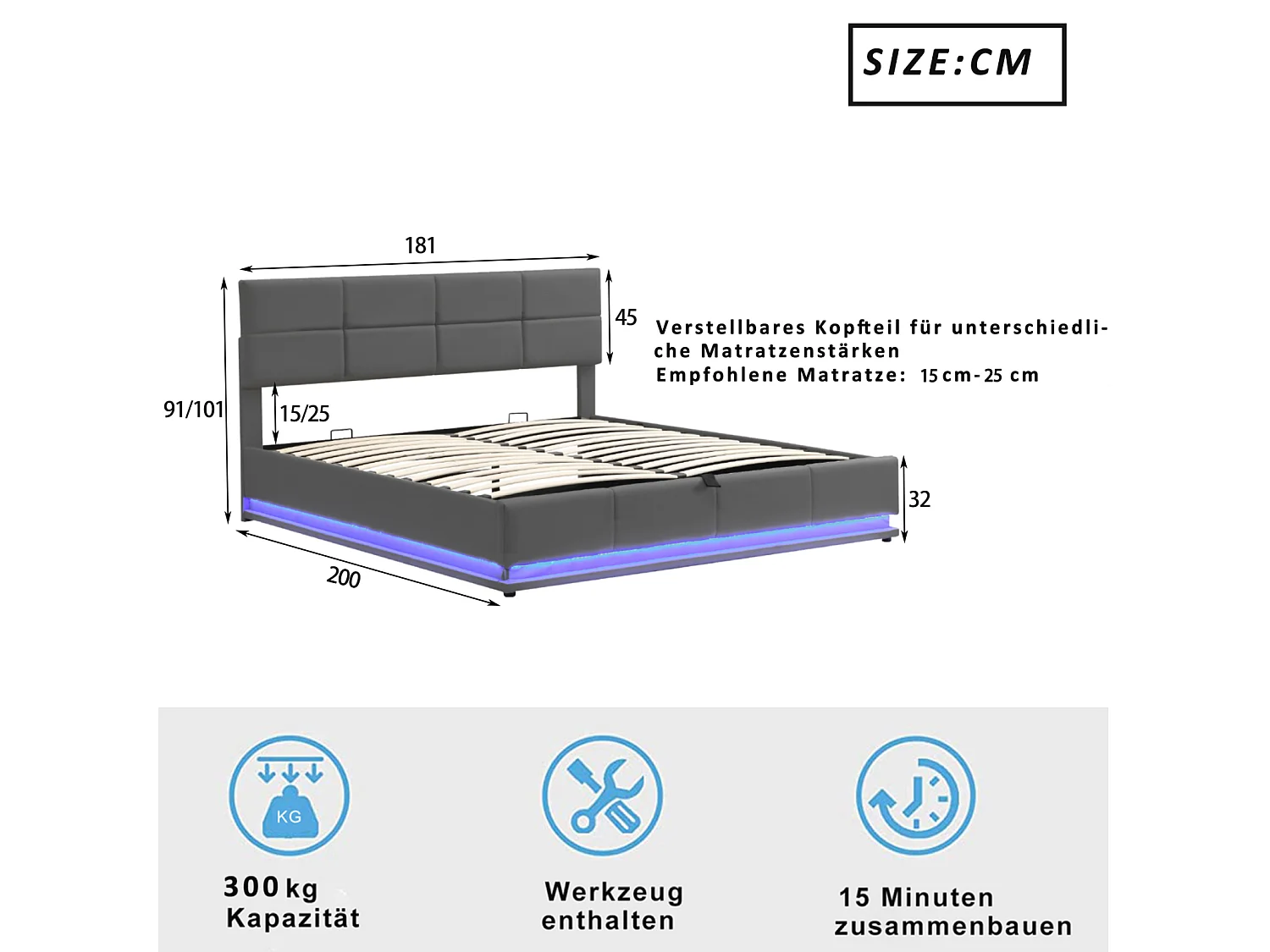 Gestoffeerd tweepersoonsbed 180x200 cm met ledverlichting en hydraulische opberging, lattenbodem van kunstleer – Bed voor volwassenen en tieners, grijs