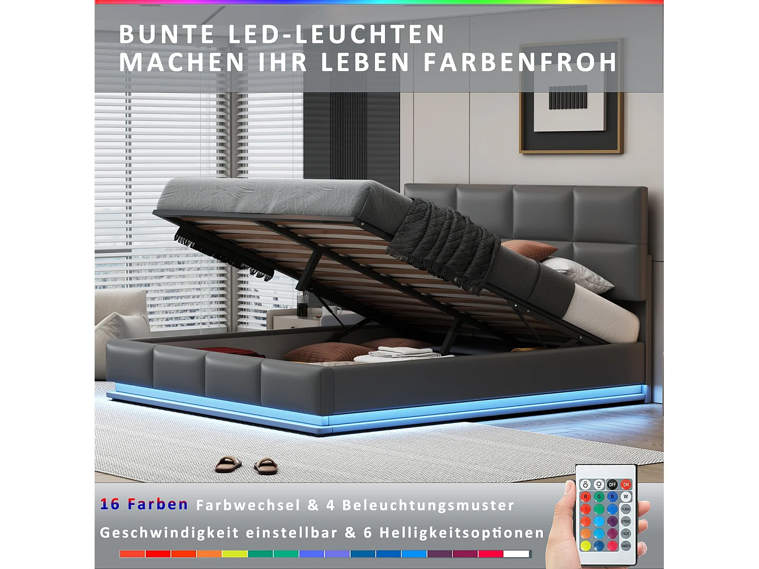 Gestoffeerd tweepersoonsbed 180x200 cm met ledverlichting en hydraulische opberging, lattenbodem van kunstleer – Bed voor volwassenen en tieners, grijs