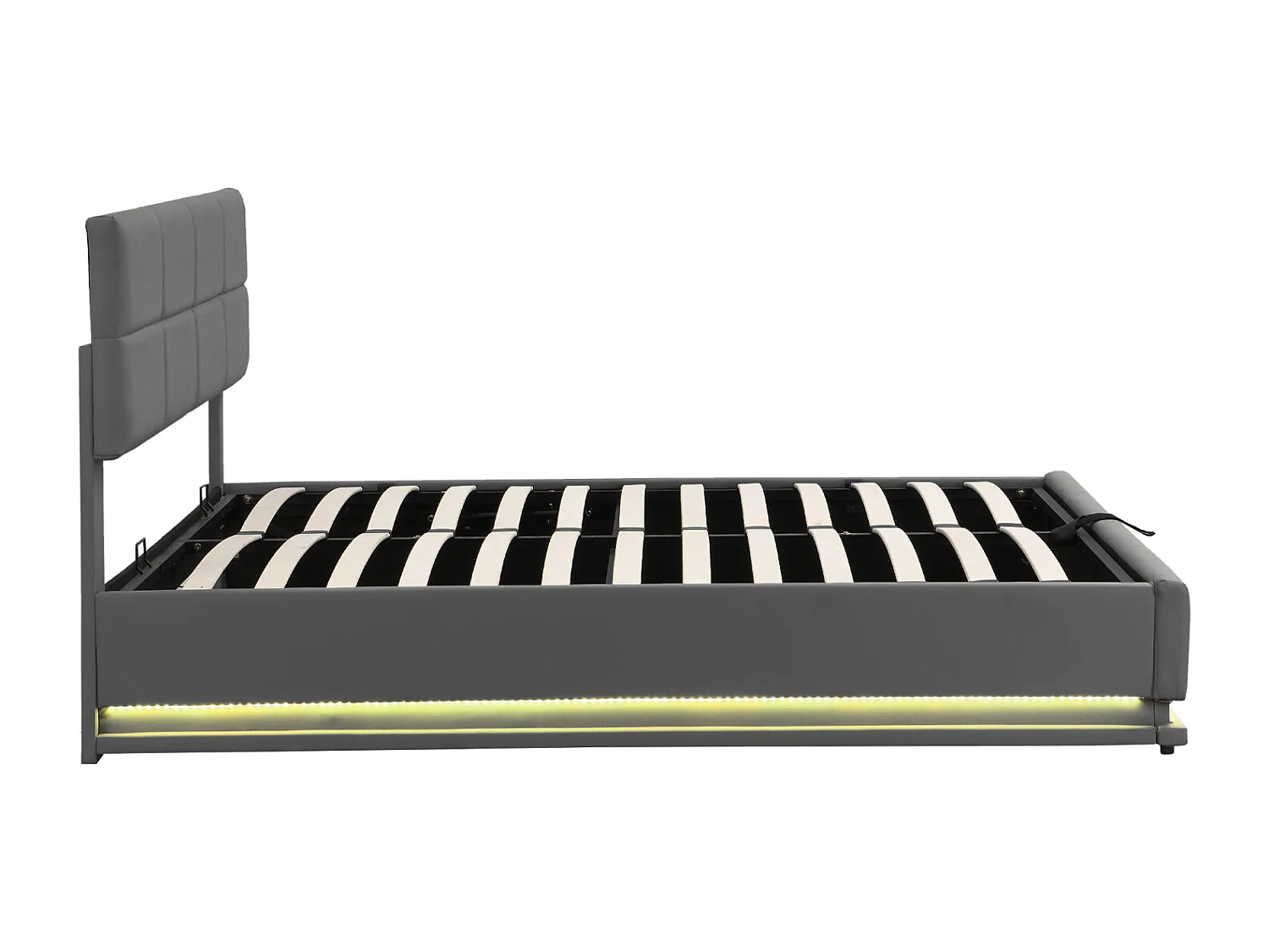 Gestoffeerd tweepersoonsbed 180x200 cm met ledverlichting en hydraulische opberging, lattenbodem van kunstleer – Bed voor volwassenen en tieners, grijs