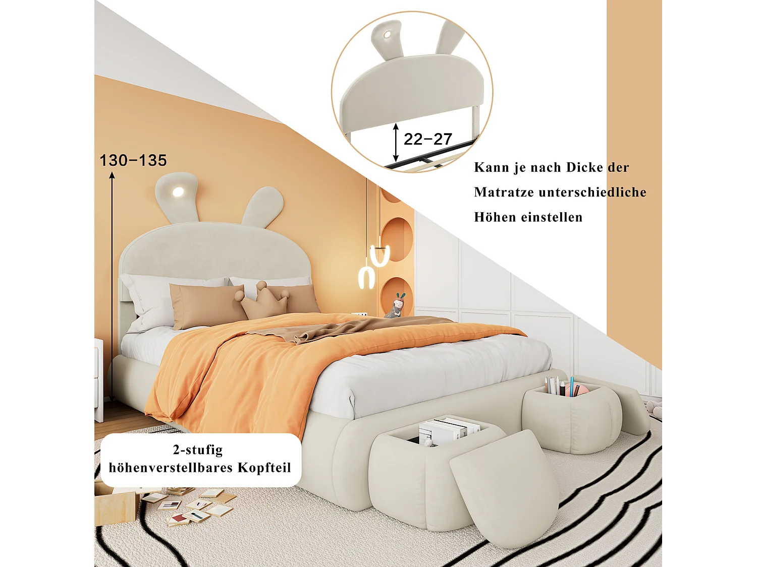 Lit double 140x200cm en velours beige avec LED, coffre de rangement hydraulique et 2 poufs de rangement – Lit moderne et élégant