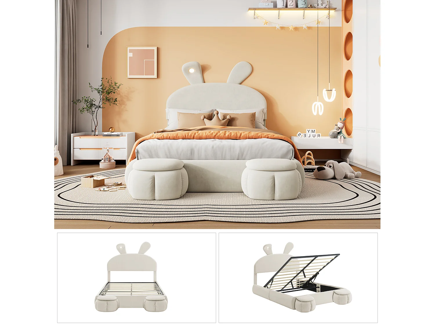 Lit double 140x200cm en velours beige avec LED, coffre de rangement hydraulique et 2 poufs de rangement – Lit moderne et élégant