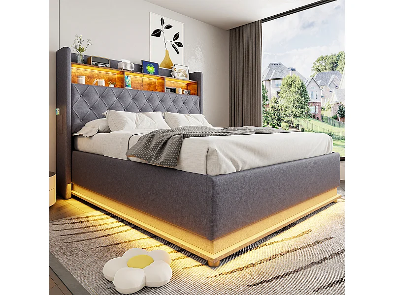 Lit double LED 160x200 cm en tissu lin gris avec port USB et coffre de rangement hydraulique – lit rembourré moderne et pratique