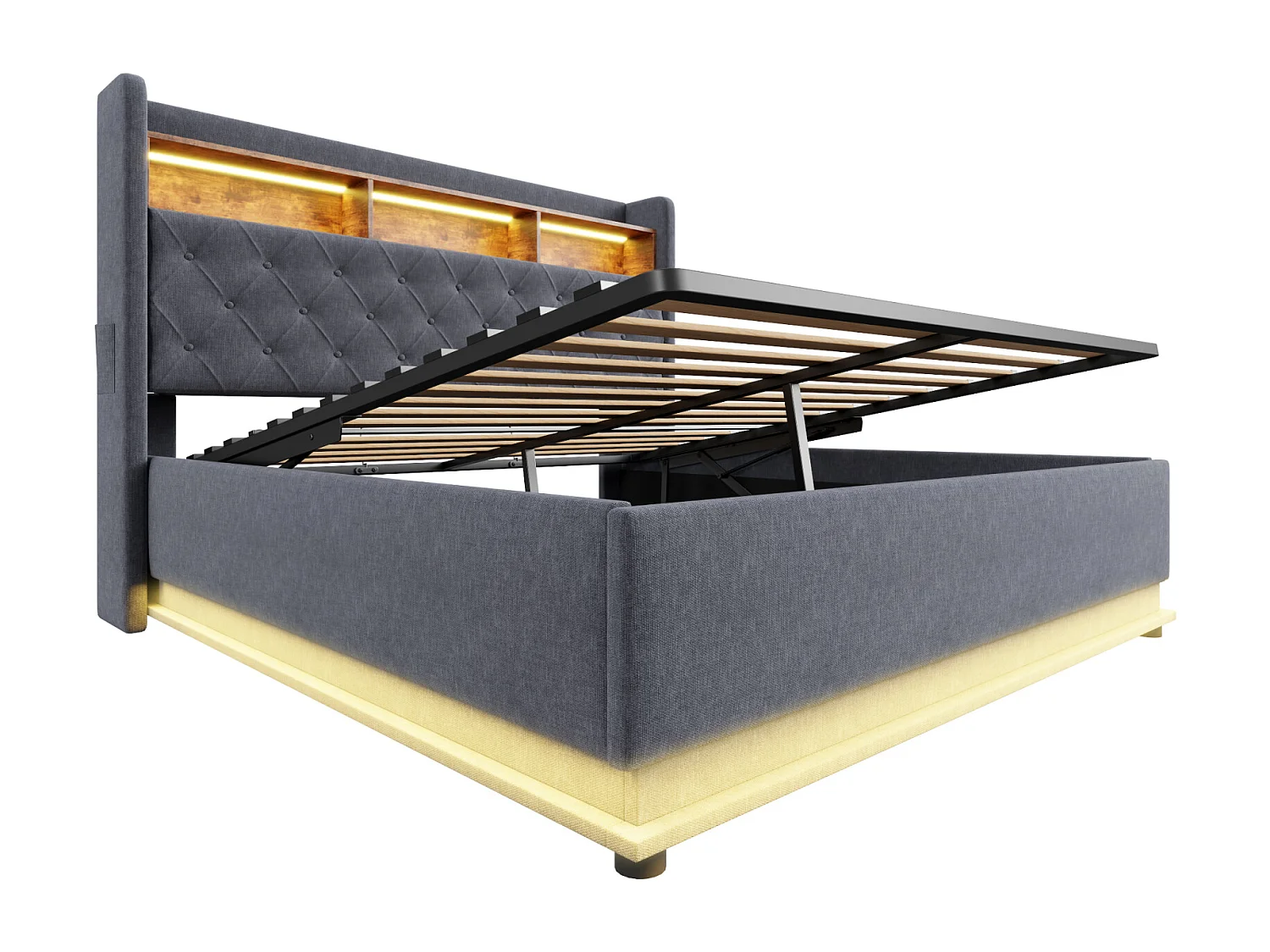Lit double LED 160x200 cm en tissu lin gris avec port USB et coffre de rangement hydraulique – lit rembourré moderne et pratique