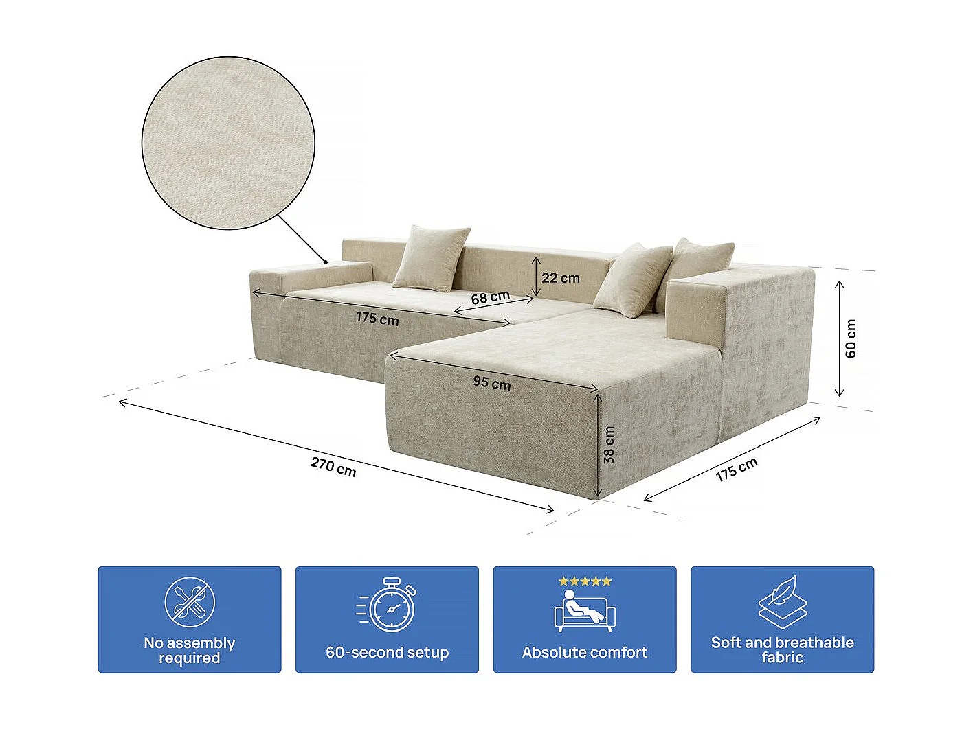 Canapé d'angle en tissu texturé "Tessaro" - 4 places - Beige