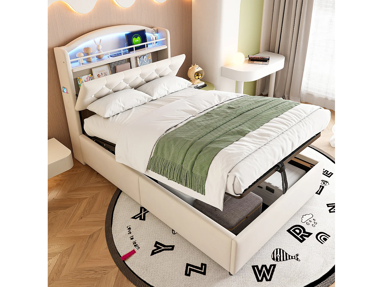 Letto per bambini multifunzionale 90x200 cm in velluto beige con vano contenitore, LED integrati e porta USB – Letto singolo comodo ed elegante