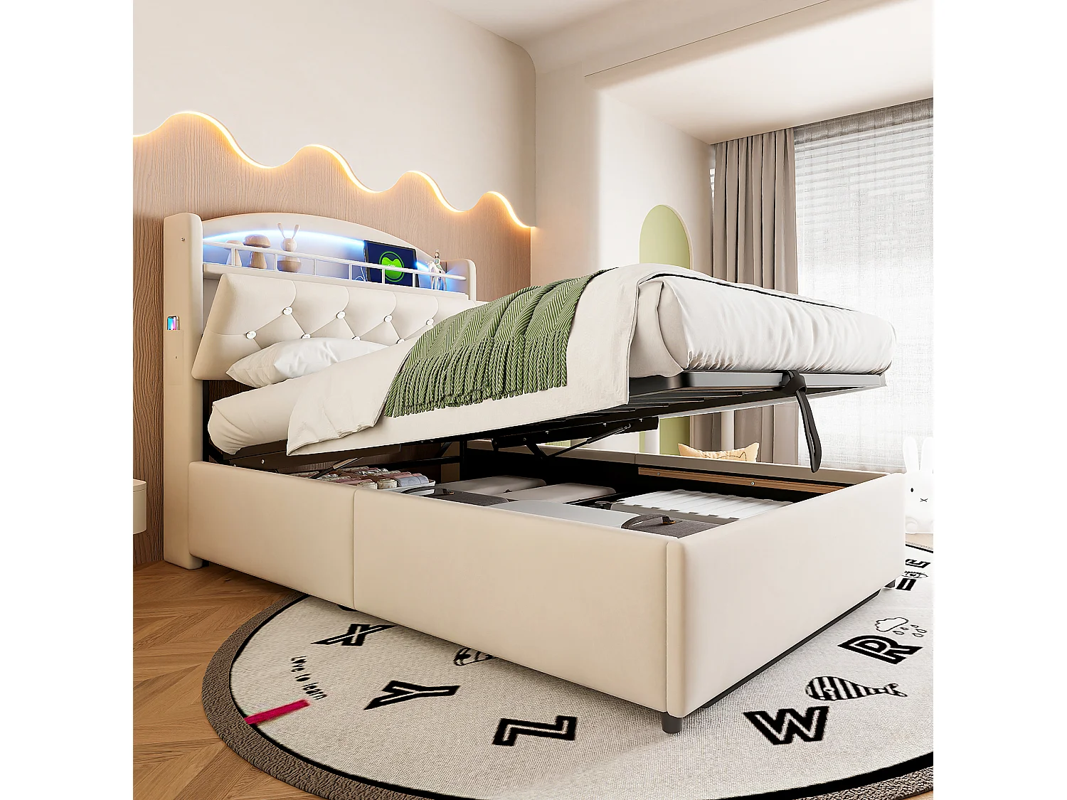 Letto per bambini multifunzionale 90x200 cm in velluto beige con vano contenitore, LED integrati e porta USB – Letto singolo comodo ed elegante