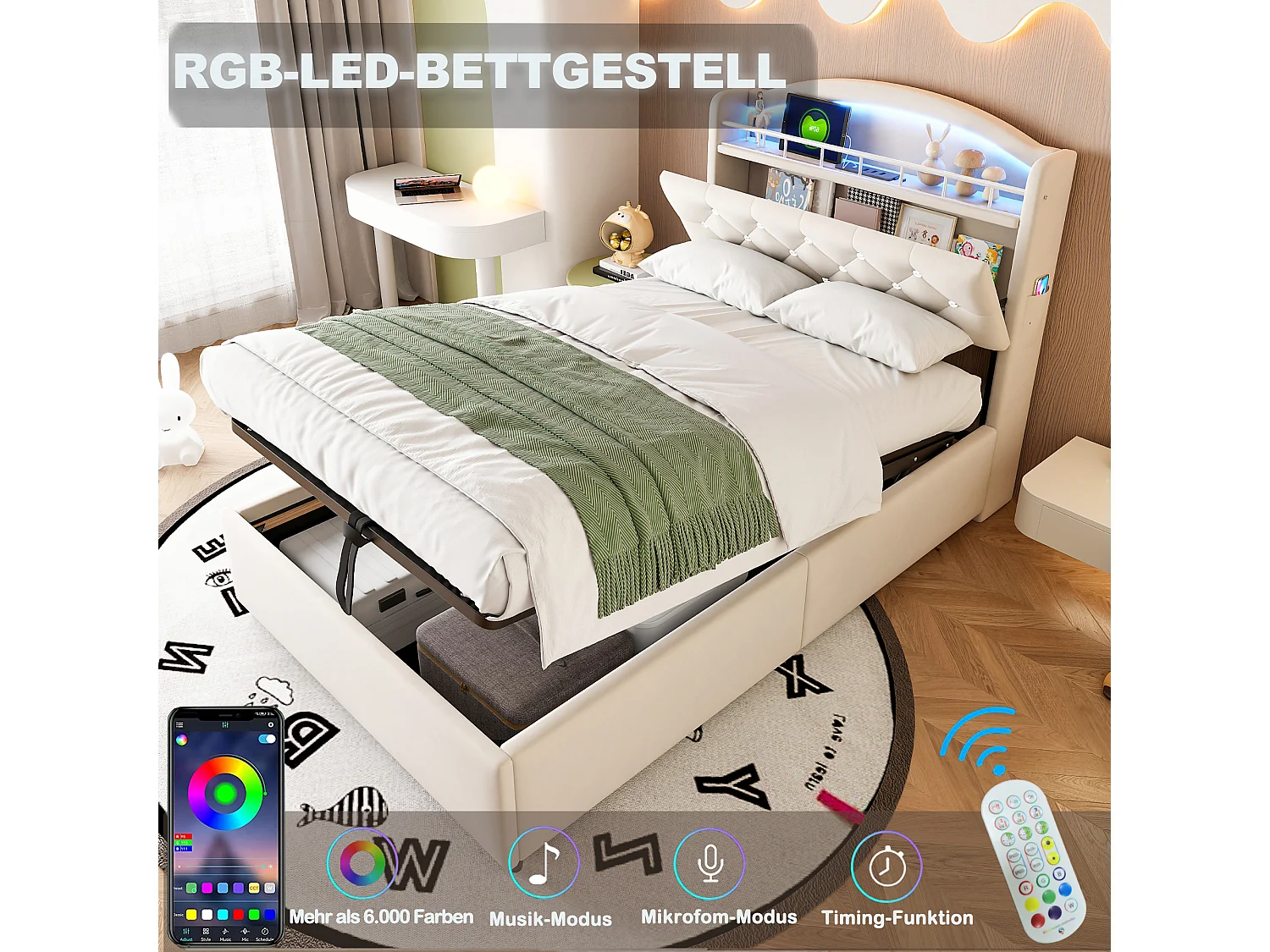 Letto per bambini multifunzionale 90x200 cm in velluto beige con vano contenitore, LED integrati e porta USB – Letto singolo comodo ed elegante