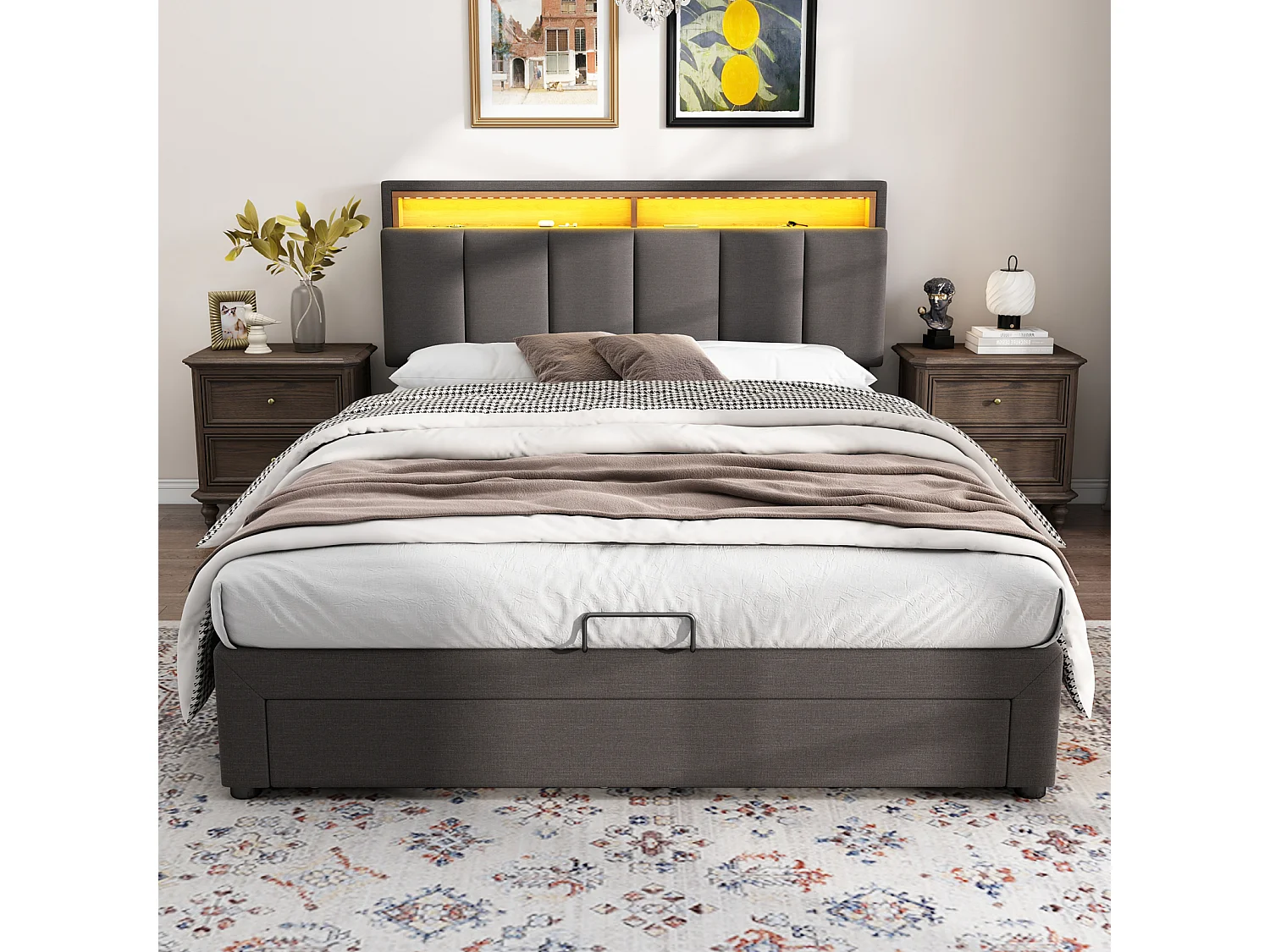 Lit coffre 140x190 cm avec éclairage LED, rangement hydraulique, tiroirs et compartiments, tête de lit rembourrée escamotable, cadre en acier – Gris