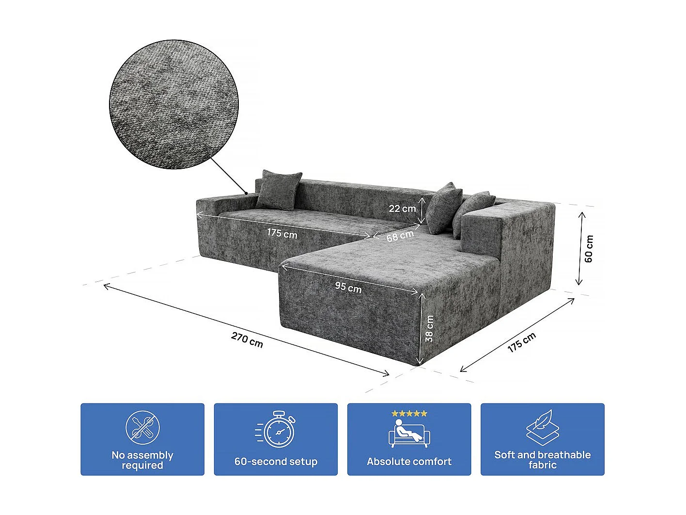Ecksofa 4-Sitzer Tessaro grau aus strukturiertem Stoff, hochdichte Schaumstofffüllung, Schnellaufbau, modernes Design