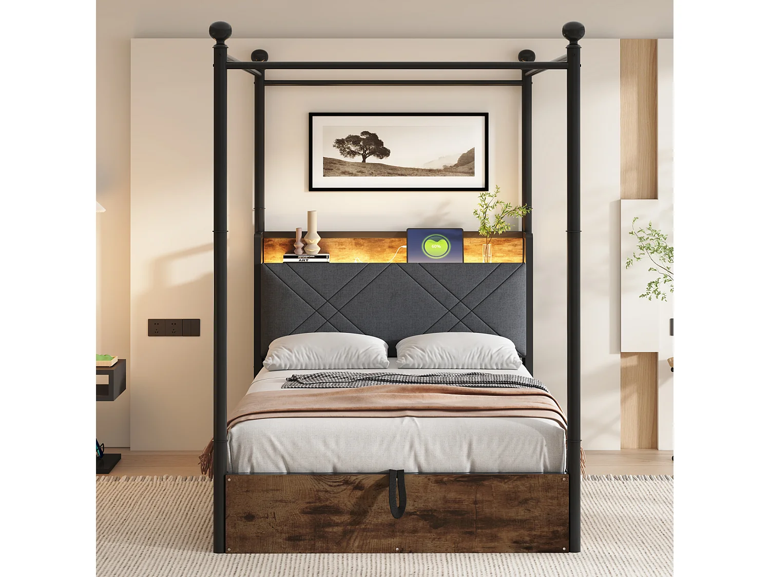 Lit simple 90x190 cm noir en métal multifonction avec rangement hydraulique, baldaquin, LED et port USB/Type-C – Lit pratique pour ado