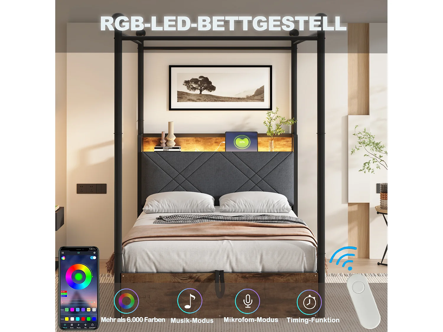 Lit simple 90x190 cm noir en métal multifonction avec rangement hydraulique, baldaquin, LED et port USB/Type-C – Lit pratique pour ado