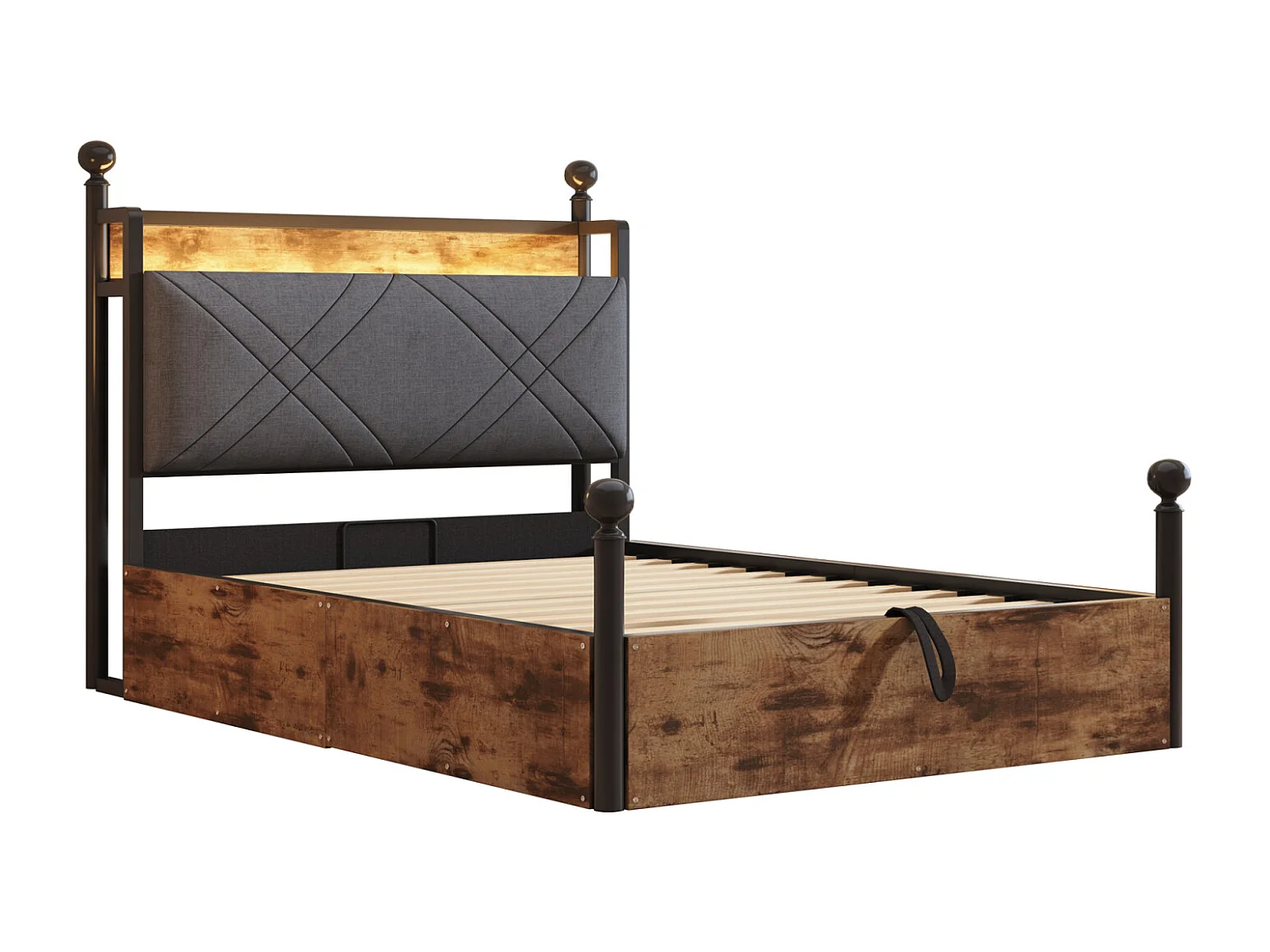 Lit simple 90x190 cm noir en métal multifonction avec rangement hydraulique, baldaquin, LED et port USB/Type-C – Lit pratique pour ado