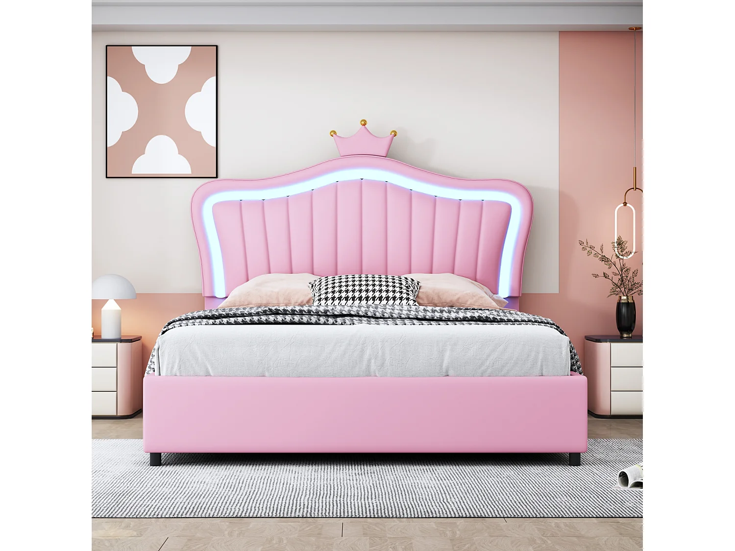 Prinsessenbed voor meisjes, 140x200 cm, in roze PU-leer met LED-kroonhoofdbord, lattenbodem en hydraulische opbergruimte - Gewatteerd hoofdbord, elegante stijl
