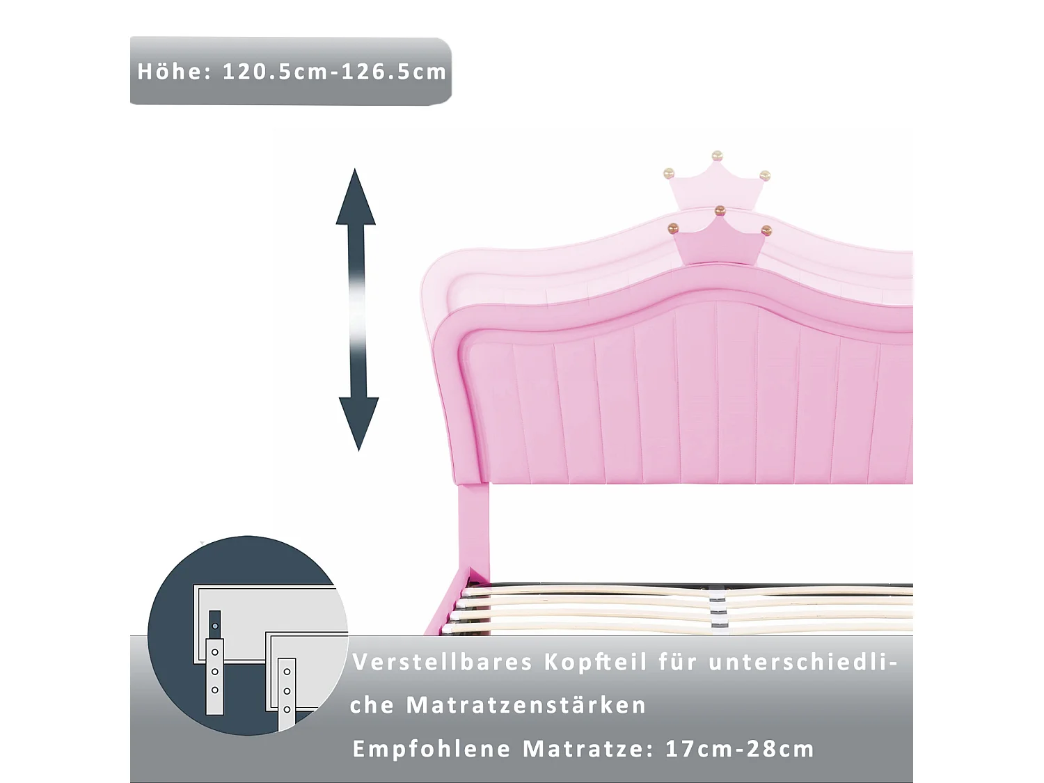 Prinsessenbed voor meisjes, 140x200 cm, in roze PU-leer met LED-kroonhoofdbord, lattenbodem en hydraulische opbergruimte - Gewatteerd hoofdbord, elegante stijl